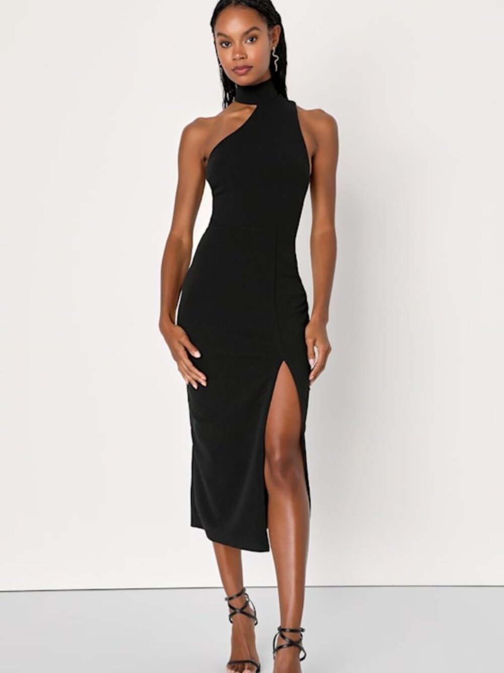 Lulus Keep It Interesting Black Asymmetrical Cutout Halter Midi Dress - Size S